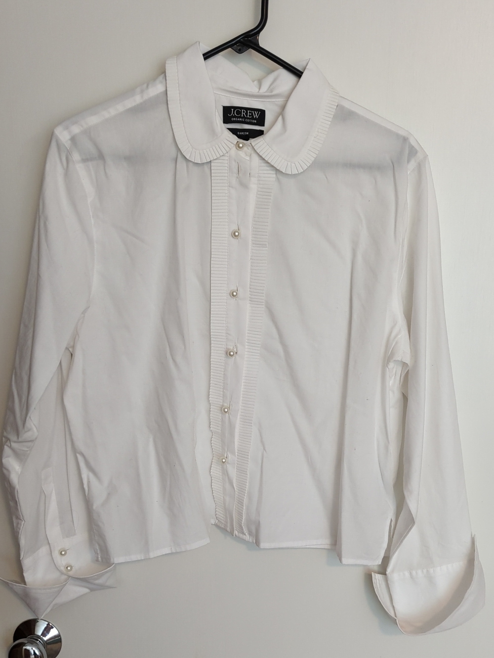 J. Crew White Pleated Collar Button-Front Shirt with Pearl Buttons